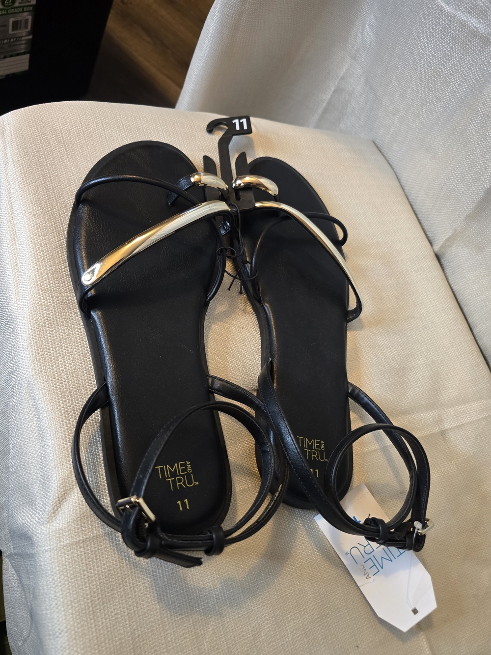 Time and Tru Black Sandals with Gold Accent Straps